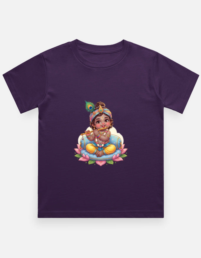 Kids crew neck T-shirt, purple, front Krishna-style graphic print