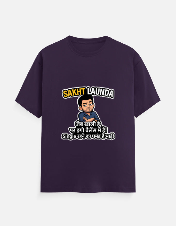 Purple unisex crew-neck T-shirt with Hindi slogan graphic and cartoon face on chest