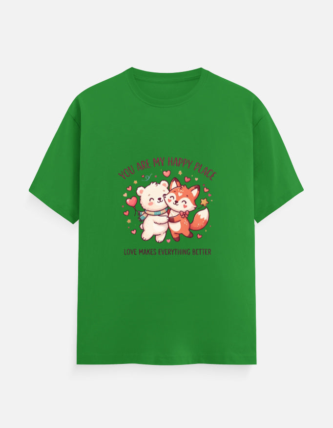 Unisex crew-neck graphic t-shirt, green, cartoon heart couple illustration on chest