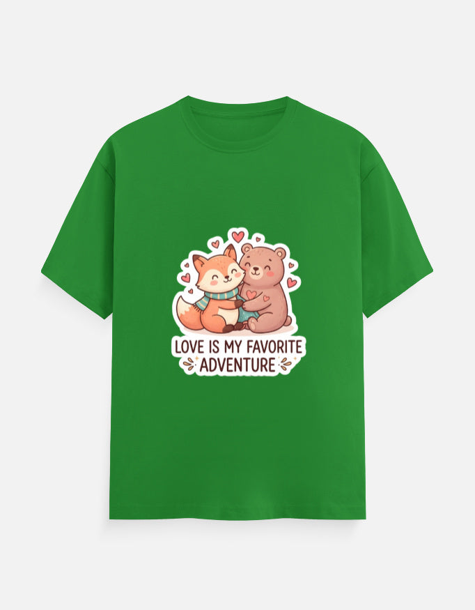 Unisex crew neck T-shirt in green with cartoon bear graphic, hearts, and 'Love is my favorite adventure'