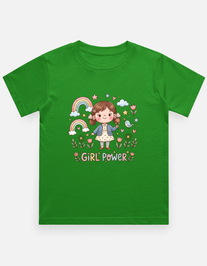 Kids graphic crew neck T-shirt, green with rainbow girl “Girl Power” print