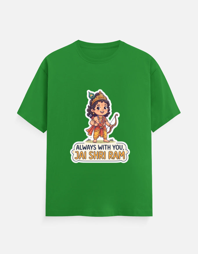 Green unisex crew-neck t-shirt with colorful deity graphic and "Always with you, Jai Shri Ram"