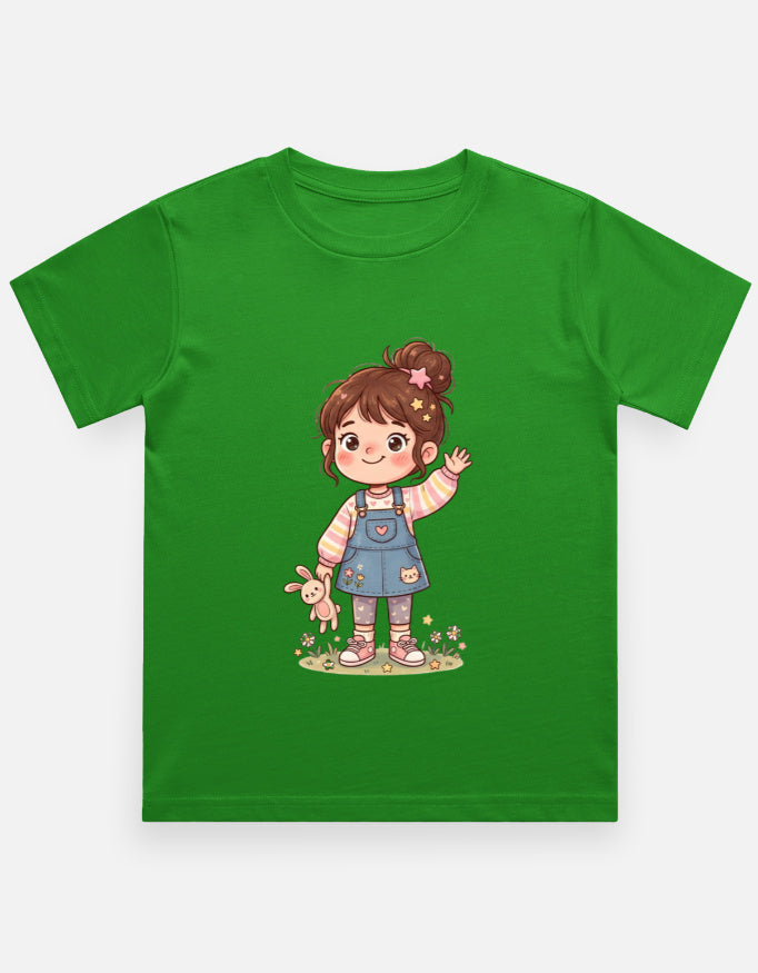 Kids graphic crew neck T-shirt, flag green with girl character and teddy print on front