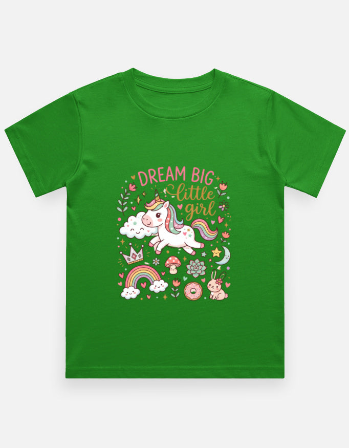 Green kids graphic crew-neck T-shirt with unicorn and floral "DREAM BIG" print