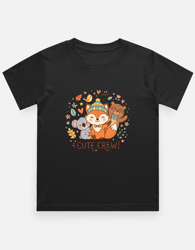 Black kids crew neck T-shirt with colorful 'CUTE CREW!' animal graphic
