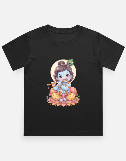 Kids crew neck T-shirt, black, front Krishna-style graphic print