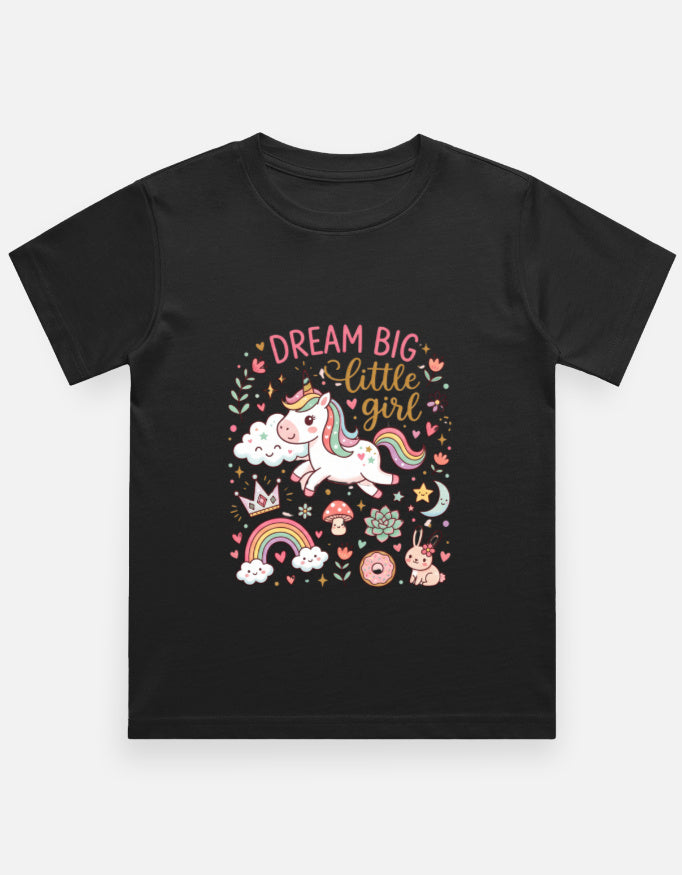 Black kids graphic crew-neck T-shirt with unicorn and floral "DREAM BIG" print