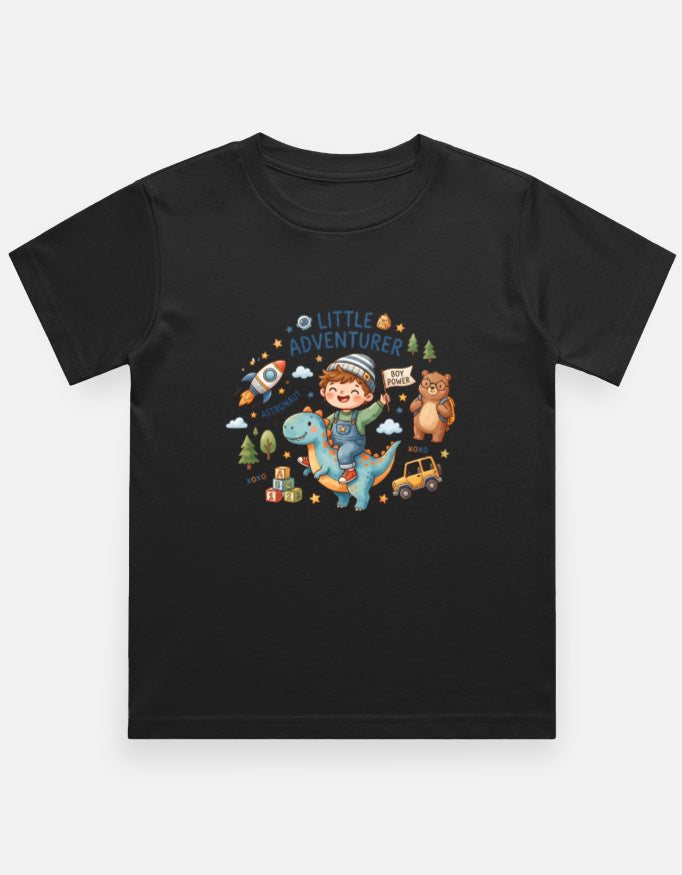Kids graphic crew-neck T-shirt, black, front cartoon adventure print.