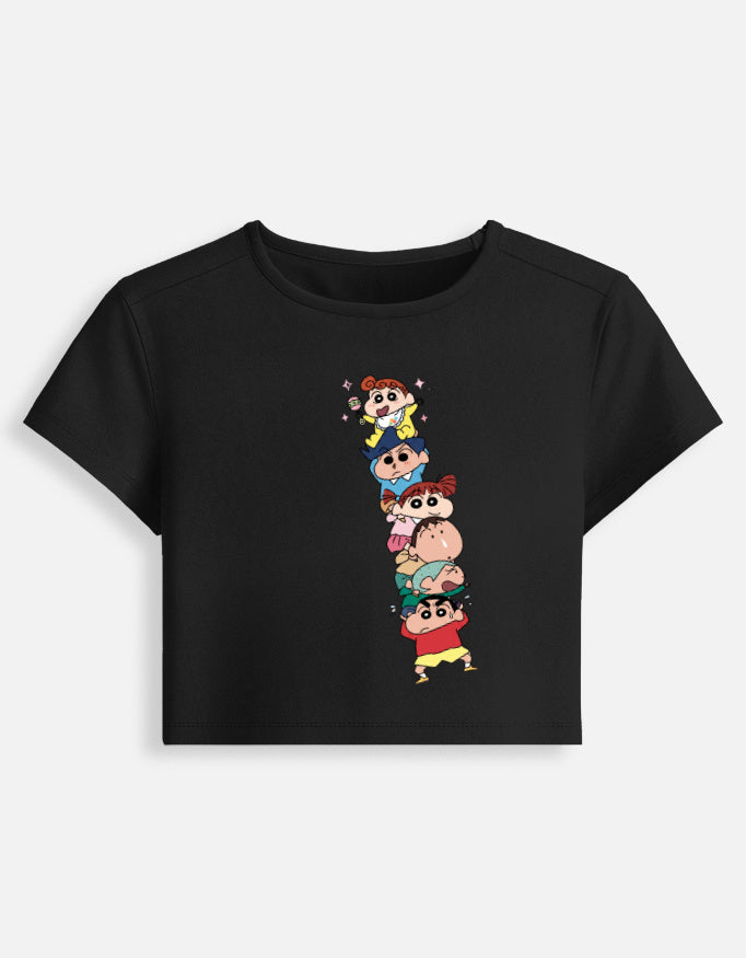 Women’s fitted crop baby tee, black, front graphic of stacked cartoon kids