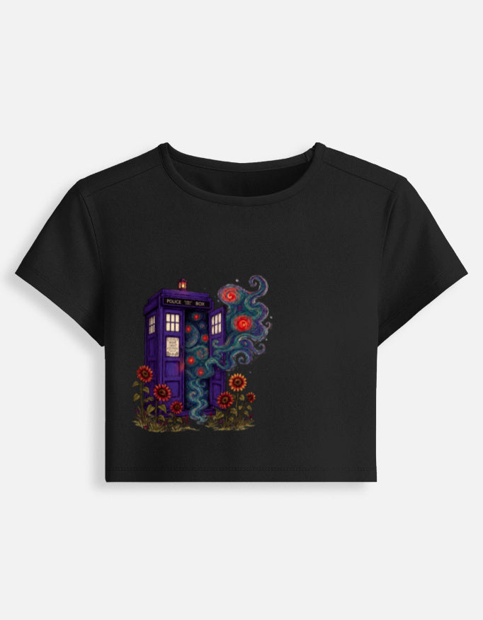 Women's fitted crop baby tee, black front with colorful house graphic
