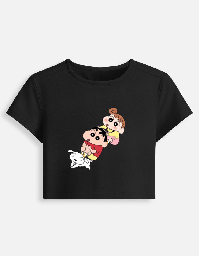 Women's fitted crop baby tee, black with cartoon character graphic on front