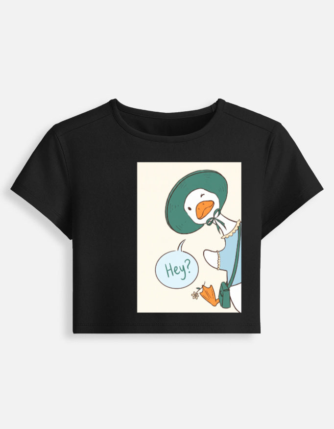 Women’s fitted crop baby tee, black, front graphic with “Hey” speech bubble