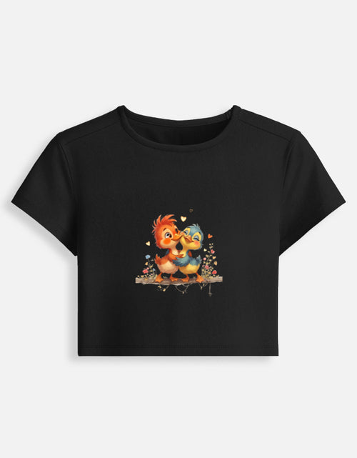 Black fitted graphic baby tee crop top with cute animal character print on front