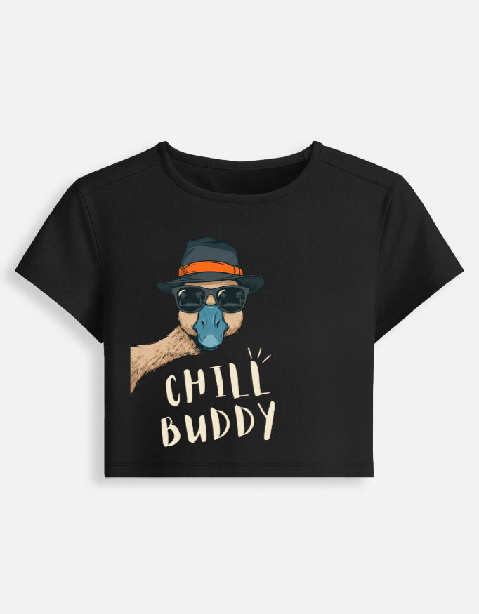 Women's graphic baby tee, black fitted crop top, “Child Buddy” front illustration