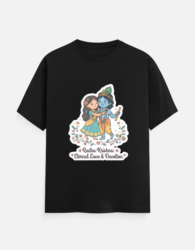 Unisex crew-neck graphic t-shirt, black with colorful Radha-Krishna print on chest