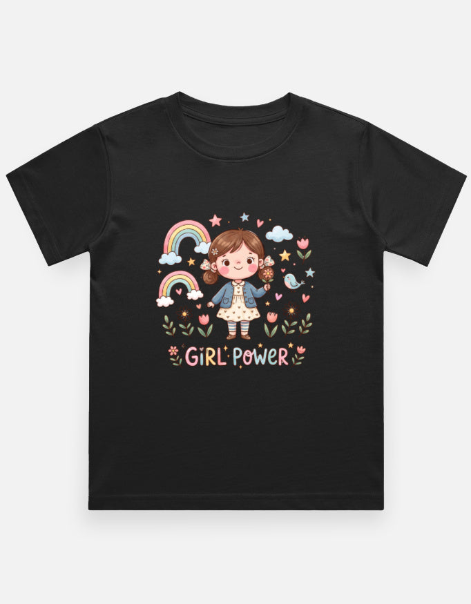 Kids graphic crew neck T-shirt, black with rainbow girl “Girl Power” print