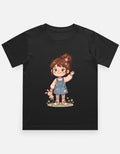 Kids graphic crew neck T-shirt, black with girl character and teddy print on front