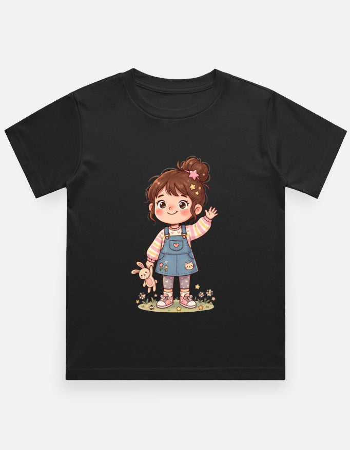 Kids graphic crew neck T-shirt, black with girl character and teddy print on front