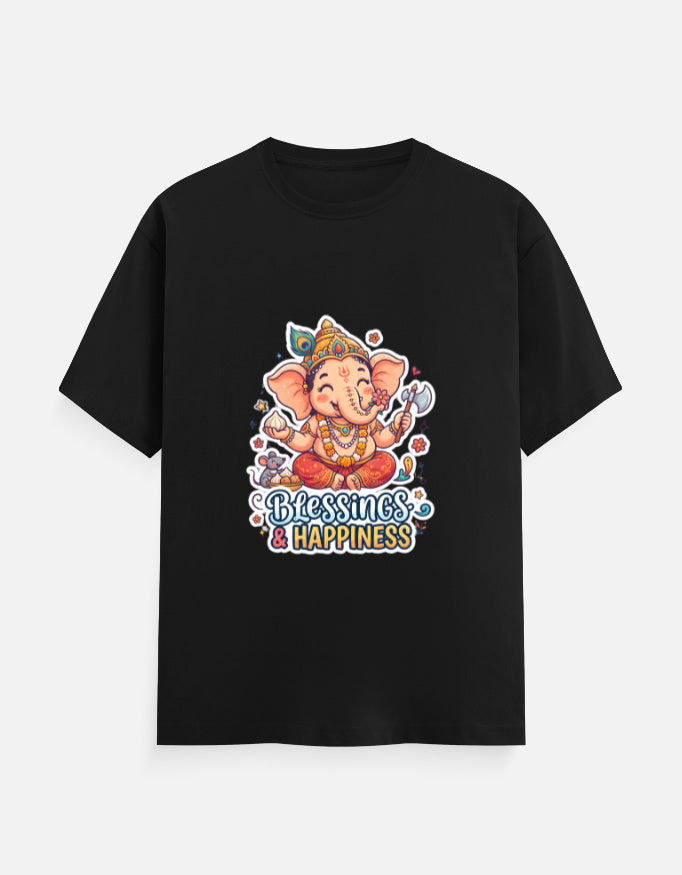 Black unisex crew neck t-shirt with Ganesha 'Blessings & Happiness' graphic