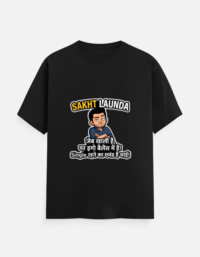 Black unisex crew-neck T-shirt with Hindi slogan graphic and cartoon face on chest