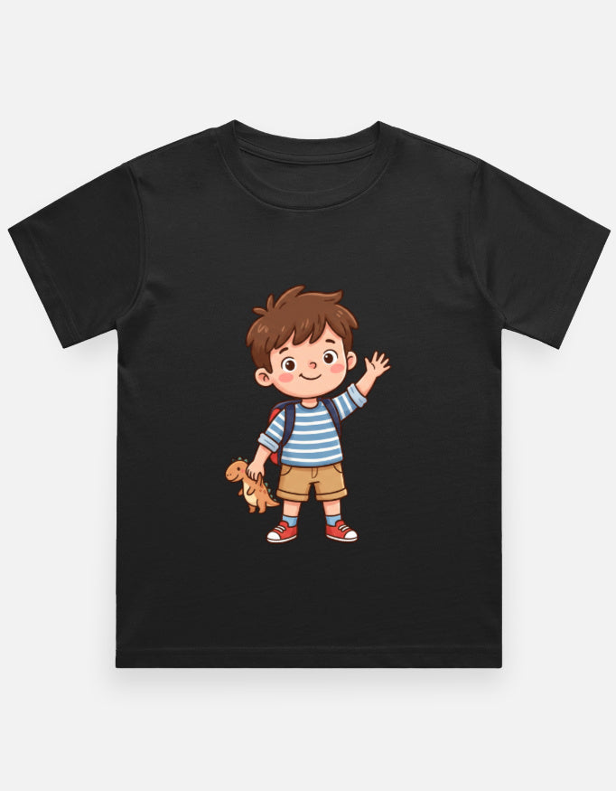 Kids crew neck T-shirt in black with cartoon boy and dog graphic on front