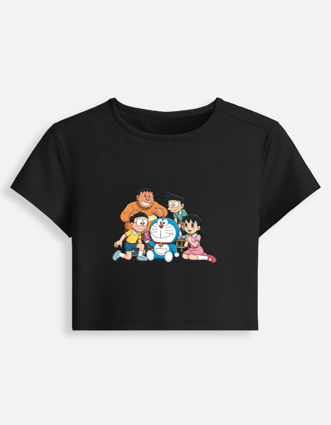 Women’s fitted crop baby graphic tee, black; front crewneck with colorful cartoon print.