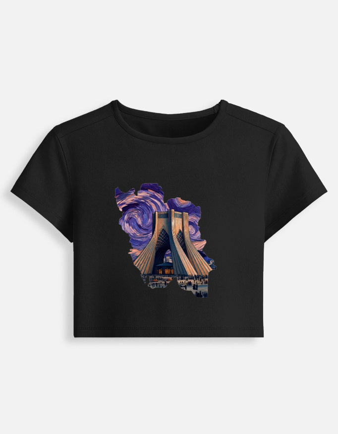 Women’s fitted crop baby tee, black, with colorful lighthouse graphic on front