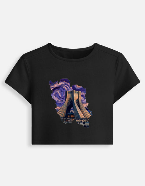 Women’s fitted crop baby tee, black, with colorful lighthouse graphic on front