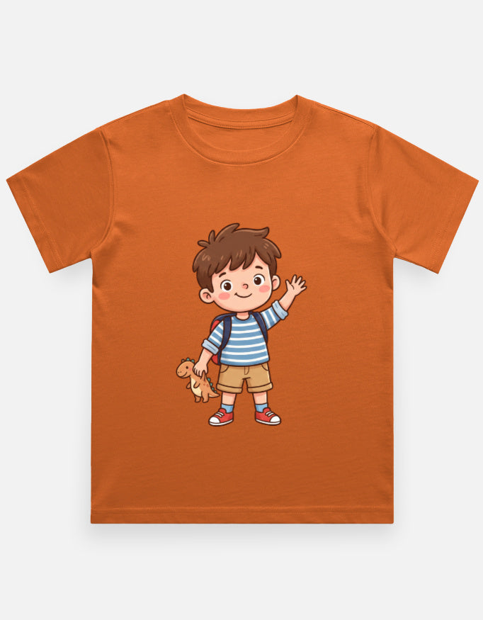 Kids crew neck T-shirt in rust orange with cartoon boy and dog graphic on front