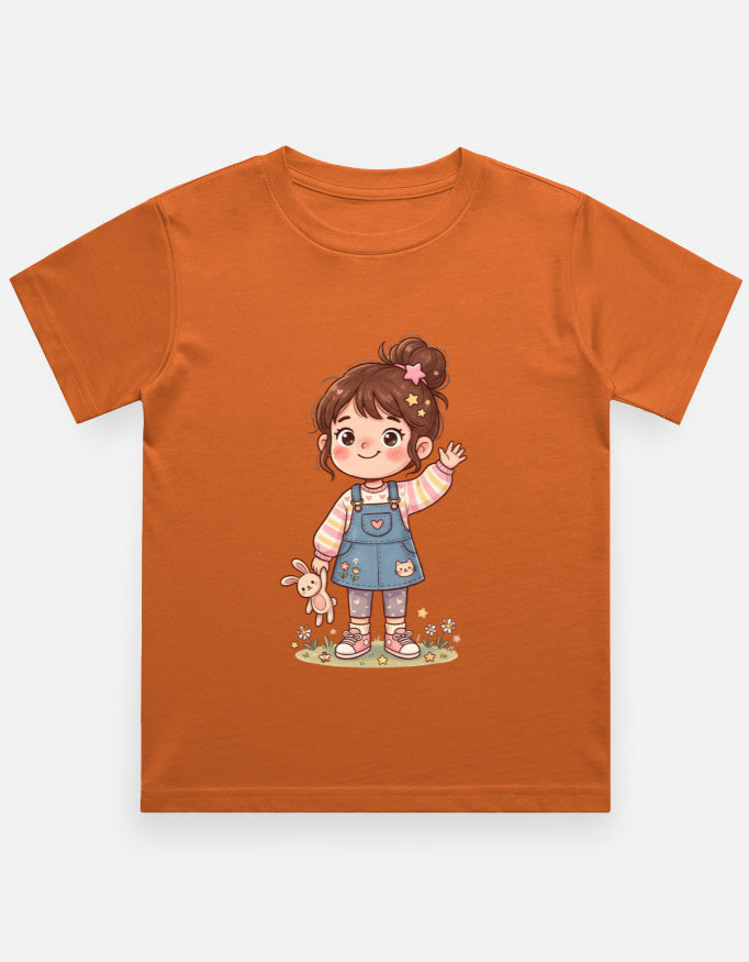 Kids graphic crew neck T-shirt, orange with girl character and teddy print on front