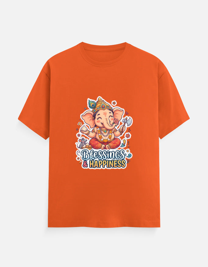 Orange unisex crew neck t-shirt with Ganesha 'Blessings & Happiness' graphic
