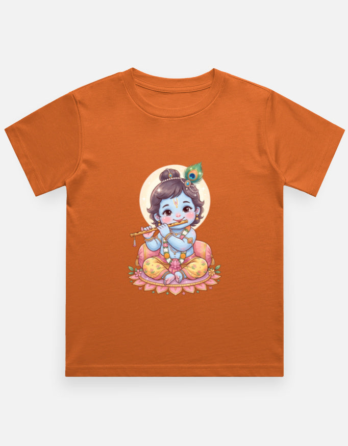 Kids crew neck T-shirt, orange, front Krishna-style graphic print
