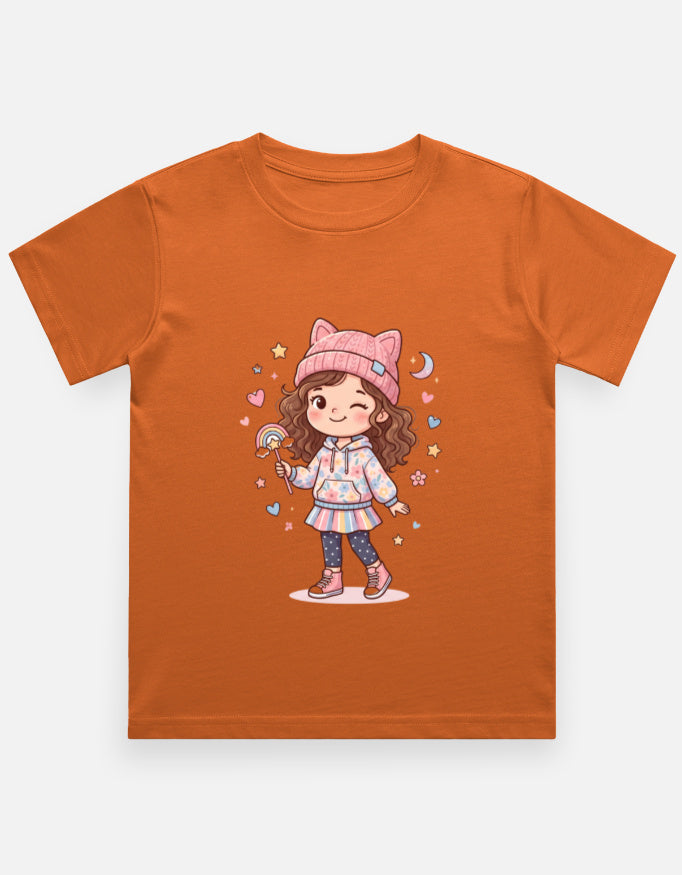 Kids girl’s graphic crew neck T-shirt, orange with cartoon girl illustration on front.
