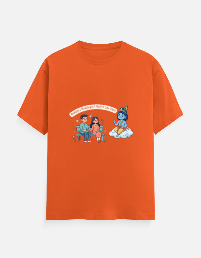 Orange unisex crew-neck t-shirt with colorful Radha Krishna graphic print.