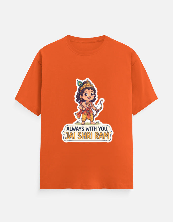 Orange unisex crew-neck t-shirt with colorful deity graphic and "Always with you, Jai Shri Ram"