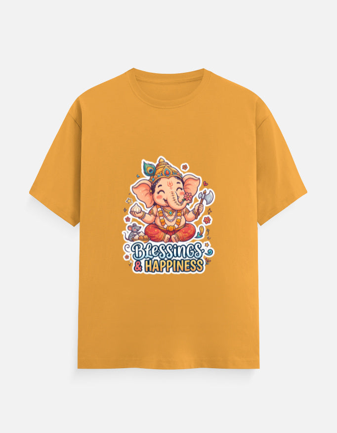 Golden yellow unisex crew neck t-shirt with Ganesha 'Blessings & Happiness' graphic