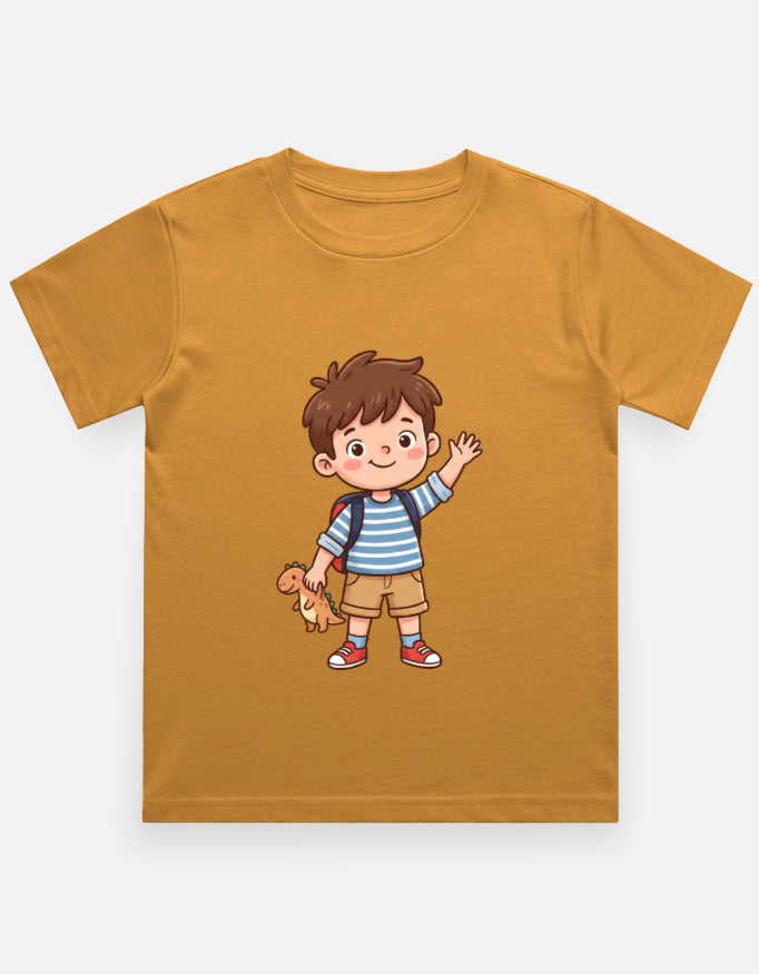 Kids crew neck T-shirt in mustard with cartoon boy and dog graphic on front