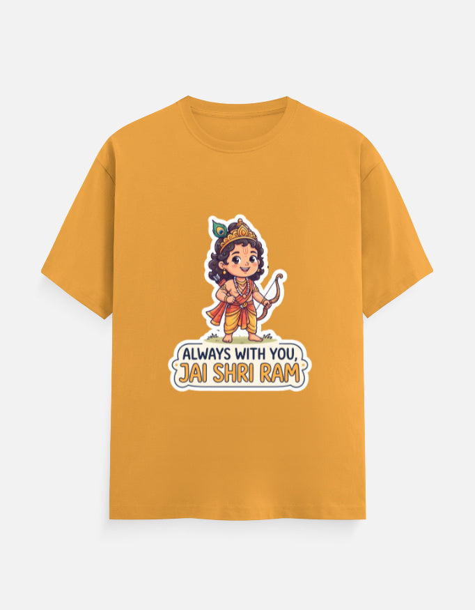 Mustard unisex crew-neck t-shirt with colorful deity graphic and "Always with you, Jai Shri Ram"