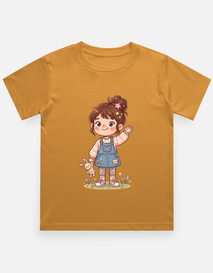 Kids graphic crew neck T-shirt, golden yellow with girl character and teddy print on front