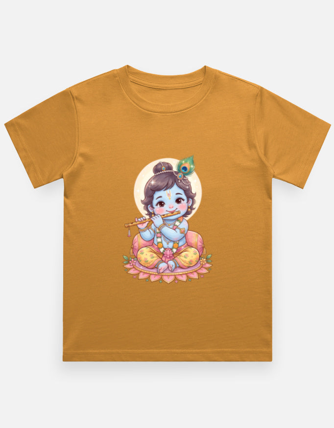 Kids crew neck T-shirt, tan, front Krishna-style graphic print