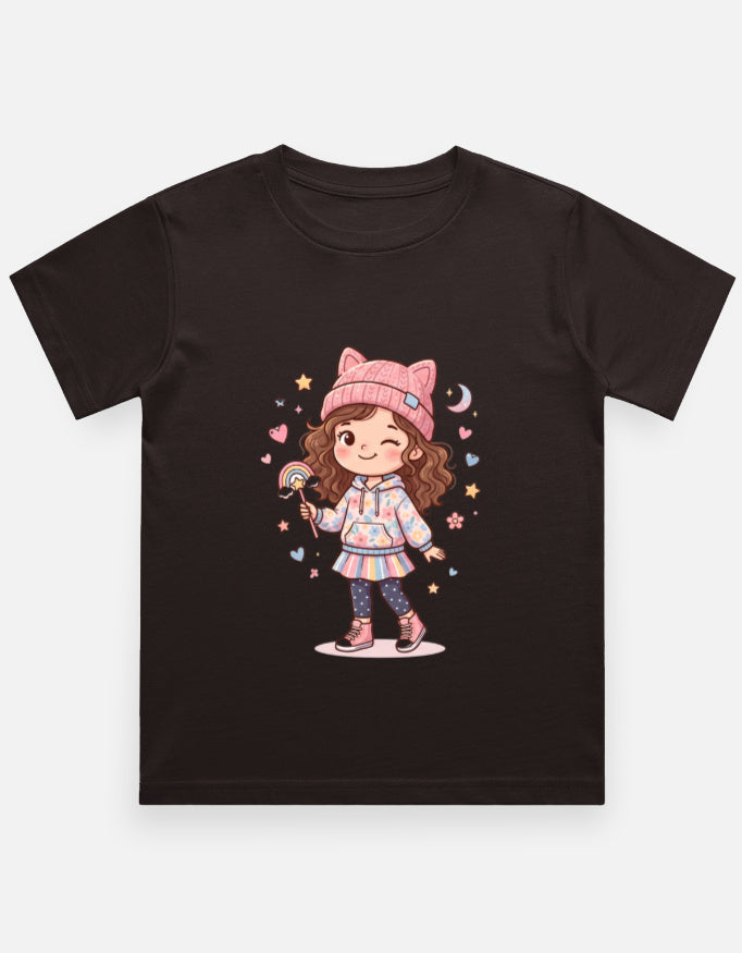 Kids girl’s graphic crew neck T-shirt, black with cartoon girl illustration on front.