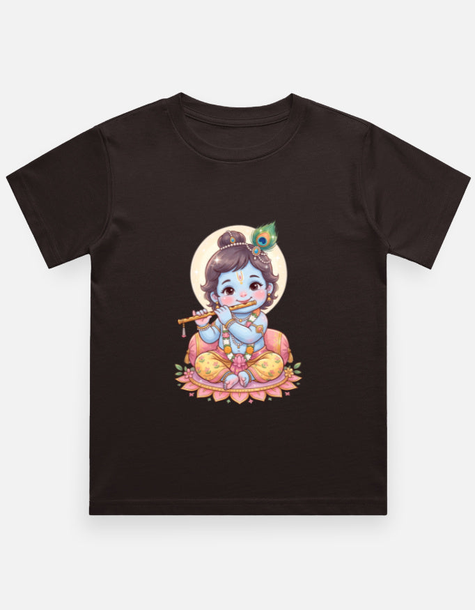 Kids crew neck T-shirt, dark brown, front Krishna-style graphic print