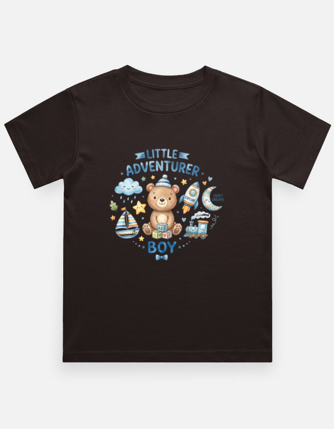 Coffee brown kids graphic crew neck T-shirt with teddy bear and adventure boy print