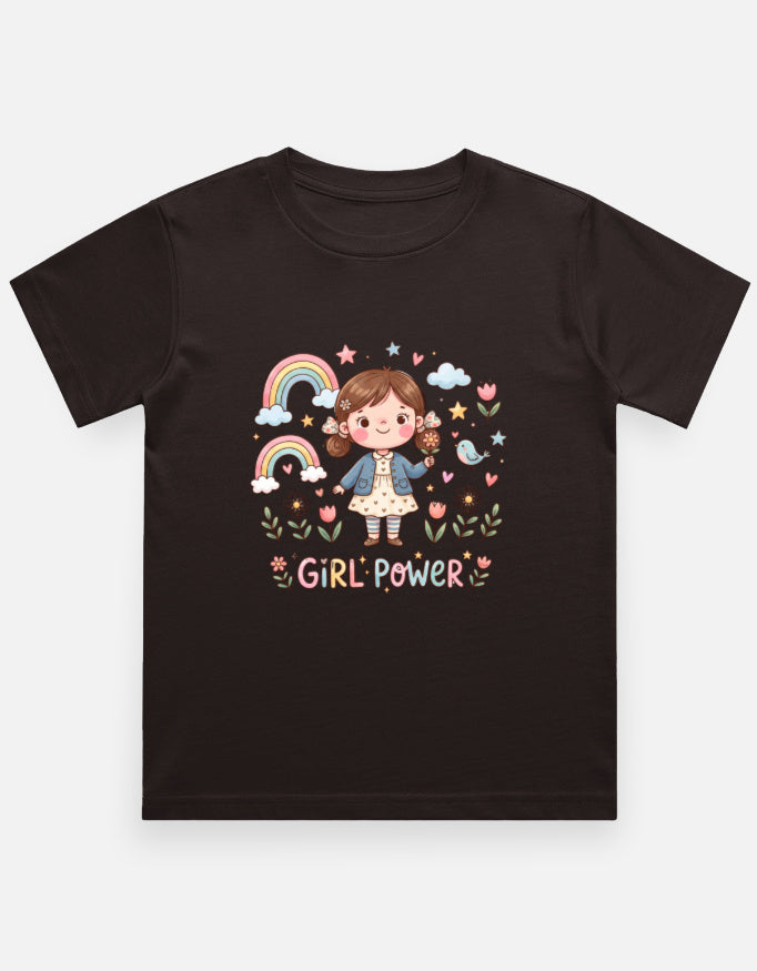 Kids graphic crew neck T-shirt, coffee brown with rainbow girl “Girl Power” print