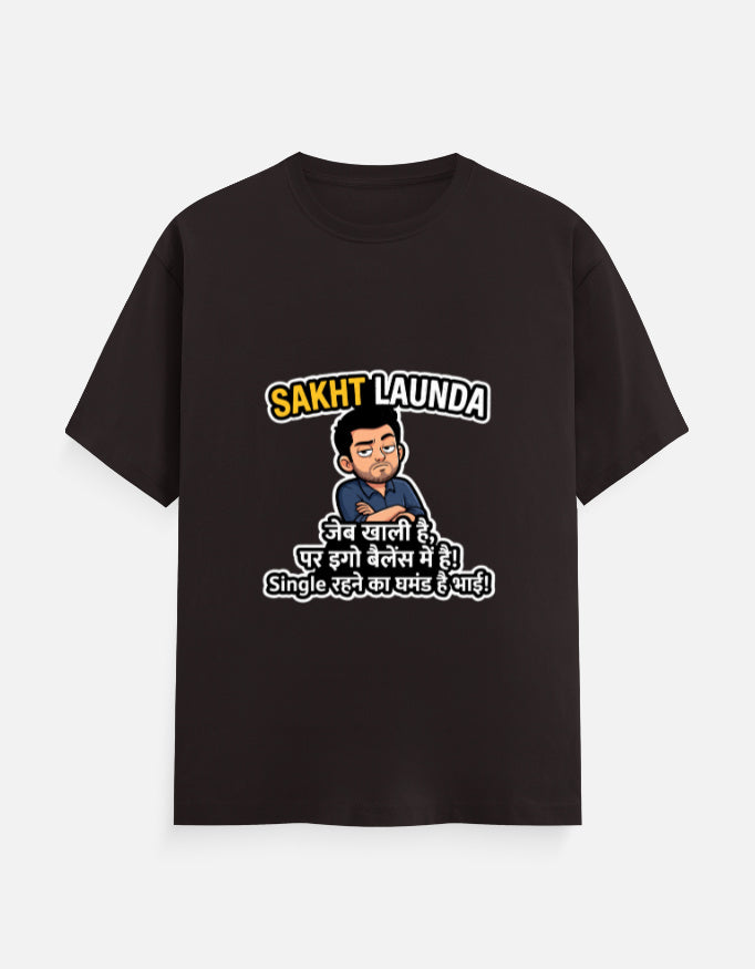 Coffee brown unisex crew-neck T-shirt with Hindi slogan graphic and cartoon face on chest