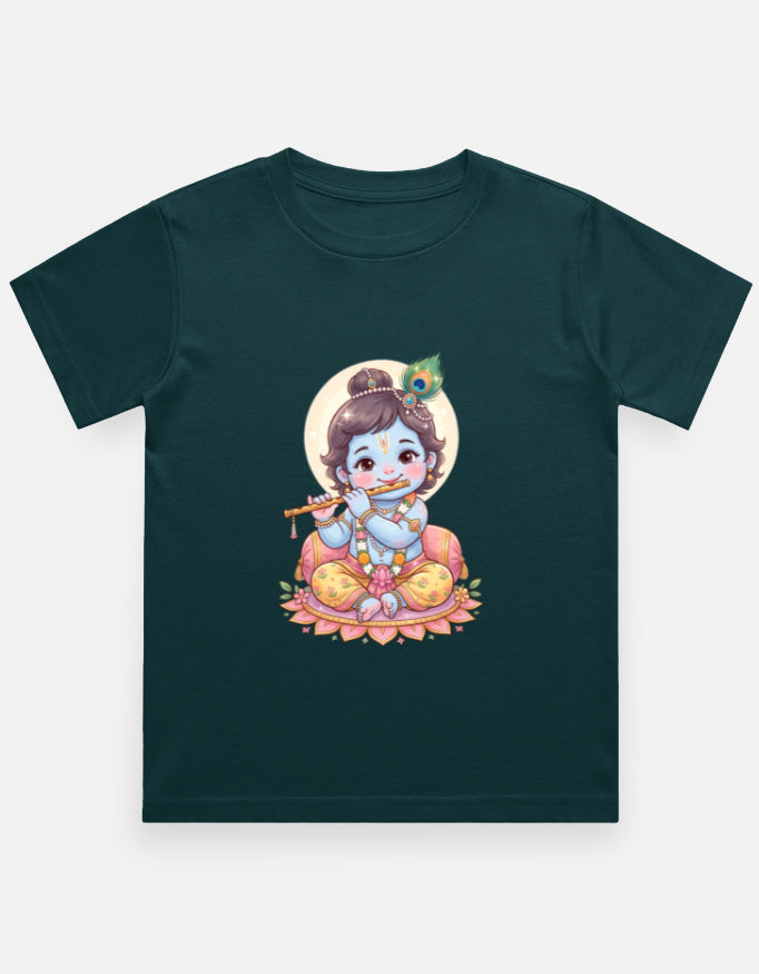 Kids crew neck T-shirt, teal, front Krishna-style graphic print