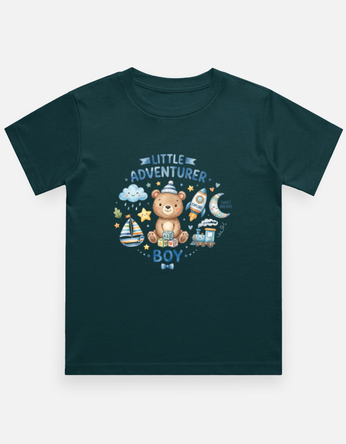 Petrol blue kids graphic crew neck T-shirt with teddy bear and adventure boy print