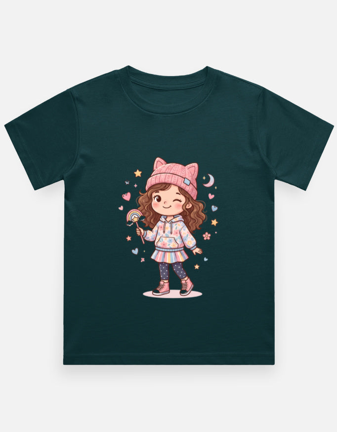 Kids girl’s graphic crew neck T-shirt, deep teal with cartoon girl illustration on front.