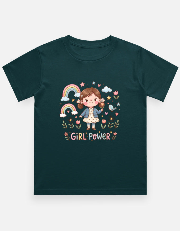 Kids graphic crew neck T-shirt, dark teal with rainbow girl “Girl Power” print