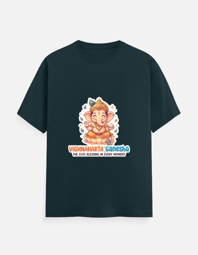 Teal-blue unisex crew-neck t-shirt with Ganesha graphic on front